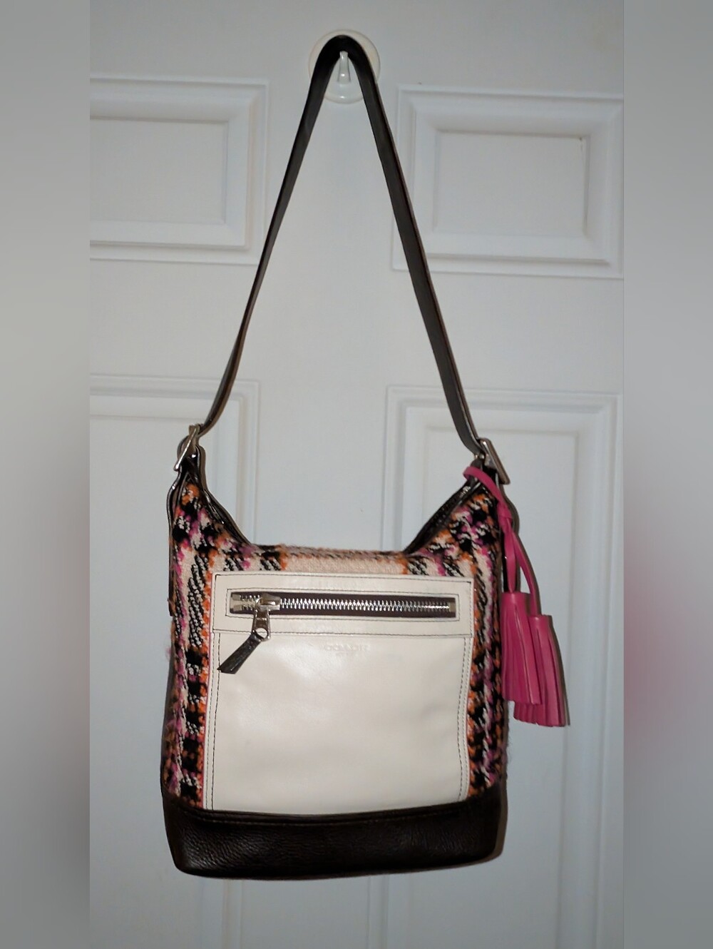COACH LEGACY DUFFLE Color Block  Wool Leather Brown White Pink GUC